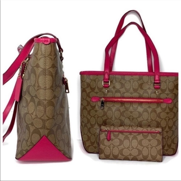 Coach Khaki Brown Pink Signature C Tote Bag Wallet Check Scarf Set 34603 Barbie - Picture 6 of 8